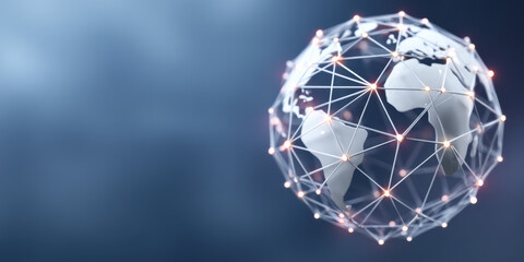 Connected globe with glowing nodes and secure lines illustrating data security and global network in soft blue light