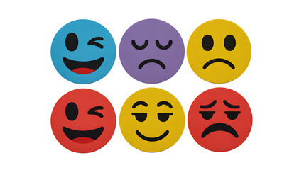 Six colorful emoji faces showing different emotions and expressions, isolated on transparent png background.