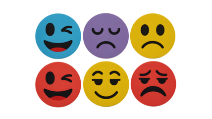 Six colorful emoji faces showing different emotions and expressions, isolated on transparent png background.