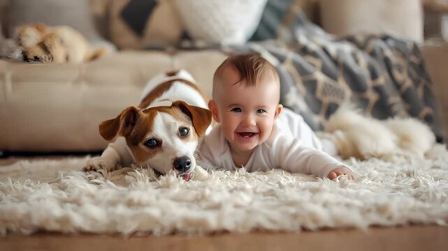 A closeup portrait of a baby and a dog on a white rug. The baby is lying on the floor with a joyful expression, wearing a white onesie.