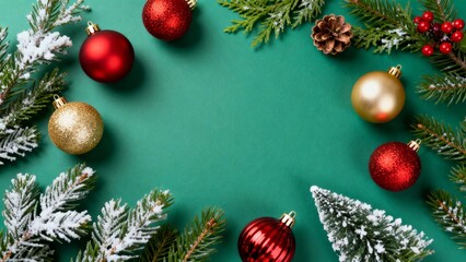 New year greeting card with festive ornaments and winter foliage. Simple holiday flat lay background.