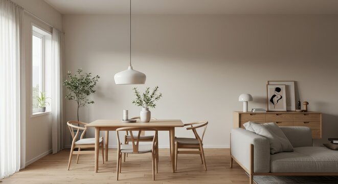 Bright contemporary open-plan living and dining area features minimalist wooden furniture and neutral tones