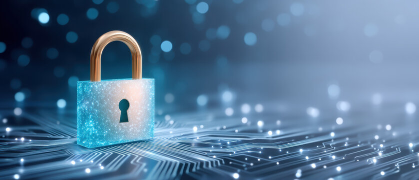 Secure digital padlock circuit board symbolizing data security and network protection shining over glowing motherboard pathways conveying trust