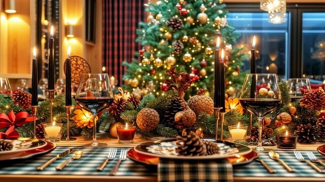 Festive Feast: A beautifully adorned dining table, set for a holiday celebration, is the centerpiece of this image. Decorated with ornaments and festive candles, the scene evokes warmth and cheer