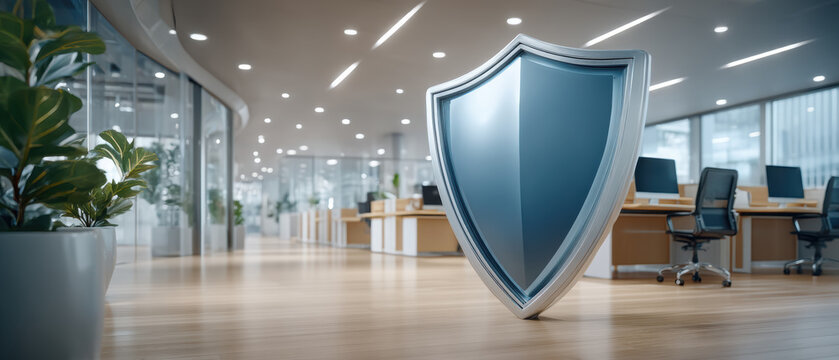 Modern office shield symbolizing data security and workplace protection with soft lighting and calm atmosphere enhancing trust