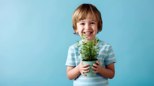 A young boy holding a potted plant against a blue background. The boy is wearing a blue and white striped shirt and has a cheerful expression on his face.