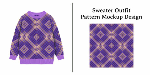 Detailed Sweater Outfit Pattern Mockup Design showcasing intricate geometric rhombus motifs on a vibrant purple garment and its repeating textile texture.