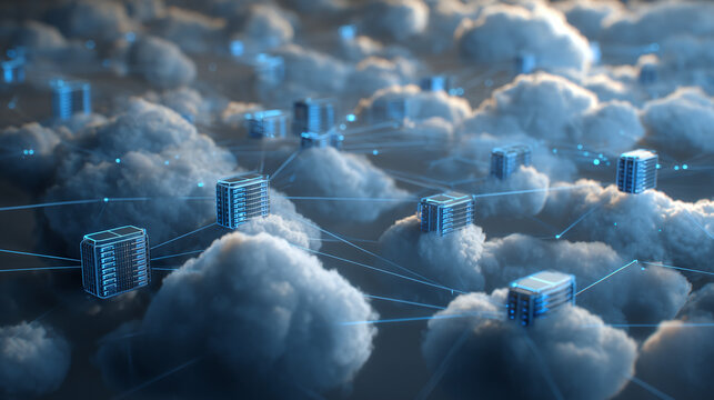Data cloud servers connected across a fluffy cloudscape, representing data storage and network concept - Powered by Adobe