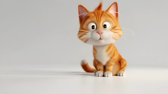 3D animated cat character with white and orange fur, large, expressive eyes.