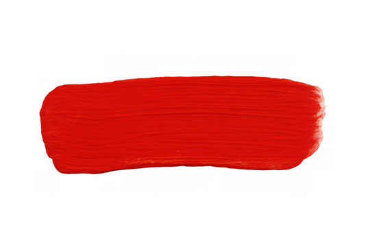 Red acrylic paint stroke creating textured brush swatch, art element with thick texture, isolated on transparent background