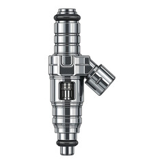 Close-up of a shiny metal fuel injector with a nozzle on a white background.