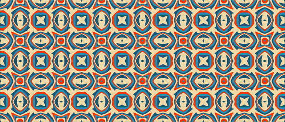 A vintage patterned textile design featuring geometric shapes in muted earthy tones of beige, rust, and teal.