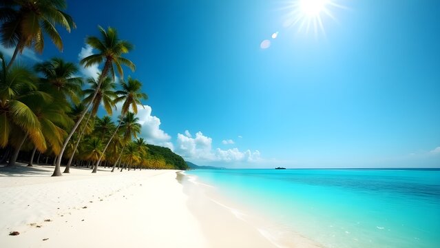 A breathtaking tropical beach scene featuring clear turquoise water, white sandy shore, and a line of lush palm trees under a bright blue sky with the sun shining overhead. Perfect representation of 