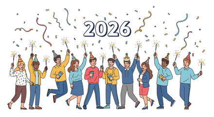 Diverse group of happy people celebrating new year s eve 2026 with sparklers and confetti
