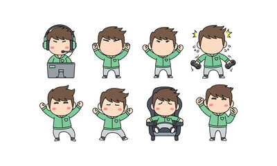 Cute Chibi Male Gamer with Green Hoodie in Various Funny Poses Illustration