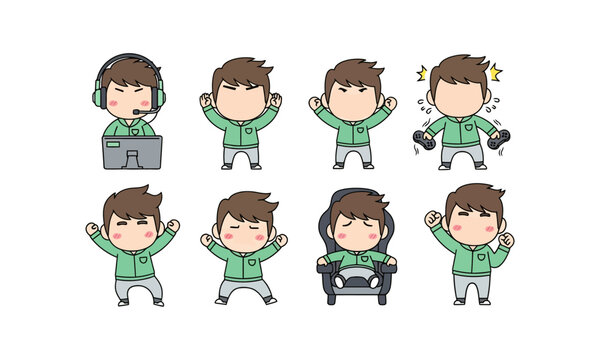 Cute Chibi Male Gamer with Green Hoodie in Various Funny Poses Illustration