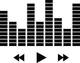 Monochrome vector icon depicting audio equalizer sound bars and media player controls: rewind, play, fast forward, ideal for digital user interface ux design.