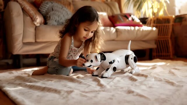 A young girl is engrossed in playing with a robot dog on a bed. The scene is bathed in soft, warm light, highlighting the girls delicate features and the intricate details of the robot dog.