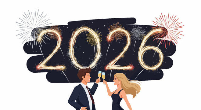 Couple celebrating the new year 2026 with champagne and fireworks in the night sky