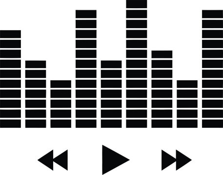 Monochrome vector icon depicting audio equalizer sound bars and media player controls: rewind, play, fast forward, ideal for digital user interface ux design.