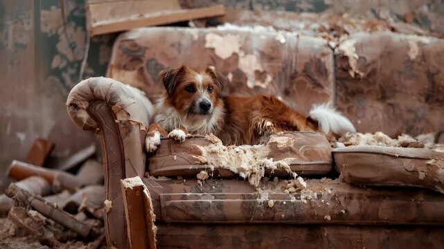 A brown and white dog rests on a dilapidated couch amidst debris. The dogs fur is a mix of white and brown, and its eyes are focused intently forward.