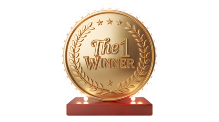 A golden medal says "The 1 Winner" standing on a red base, transparent png, isolated.