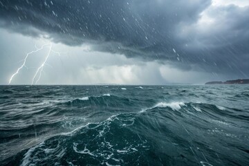 rain on raging sea wave with stormy sky