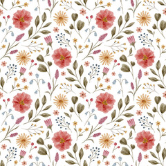 A seamless floral pattern with soft watercolor flowers and leaves. Gentle botanical shapes feel natural and organic. Ideal for fabric, wallpaper, or wrapping paper.