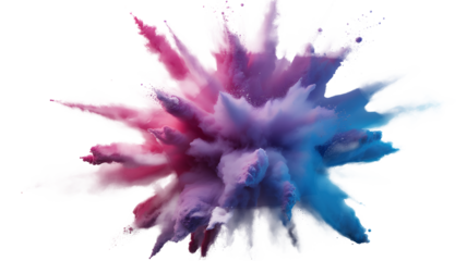 Pink and blue powder explosion frozen in time, transparent png isolated.