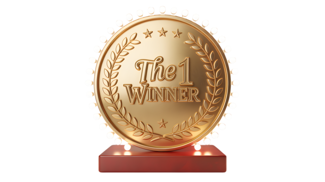 A golden medal says "The 1 Winner" standing on a red base, transparent png, isolated.