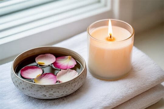 spa candle and water bowl with rose petal. Relax and healing space