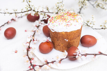 Colorful Easter eggs with spring blossom flowers. Colored Egg Holiday border. Easter cake