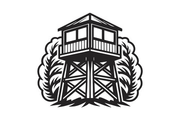 Black monochrome guard tower is constructed amid stylized flora in a image