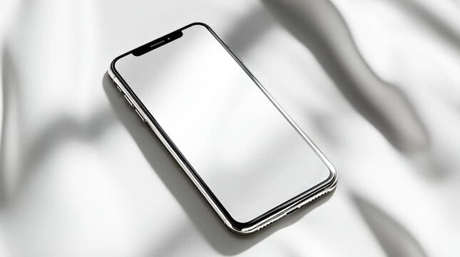 A smartphone with a white screen is lying on a white background. An advertising concept for the sale of smartphones.