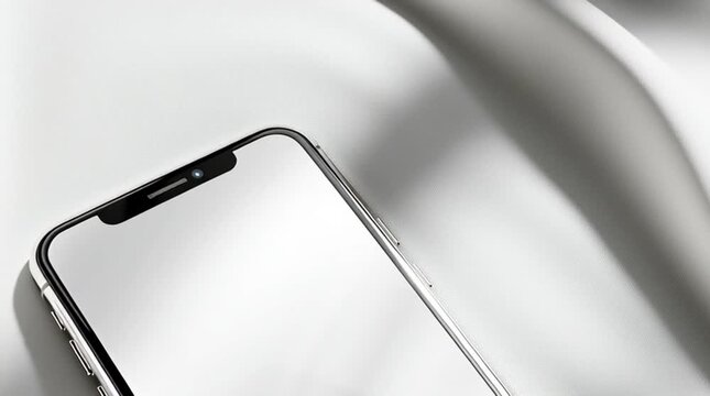 A smartphone with a white screen is lying on a white background. An advertising concept for the sale of smartphones.
