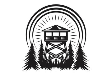 Black monochrome lookout tower stands proudly among evergreens beneath concentric arches and radiant lines