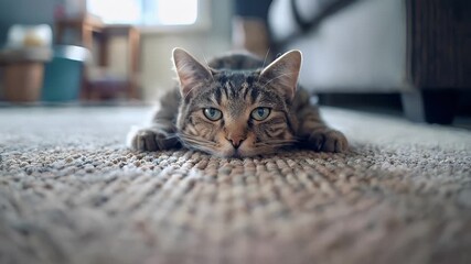 A closeup of a tabby cat with green eyes resting on a carpeted floor. - Powered by Adobe