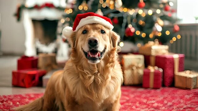 A golden retriever dog wearing a Santa hat, sitting in front of a Christmas tree. The dogs fur is a warm golden hue, and its eyes are a striking shade of brown.