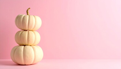 Stacked white pumpkins on a pink background for fall.