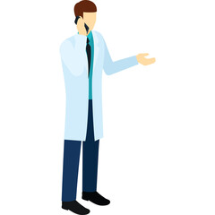 Doctor On Phone Call Wearing White Lab Coat And Dark Pants Speaking With Hand Outstretched In A Professional Pose