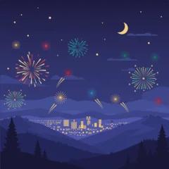 Fototapete Aubergine new year night,Flat vector of fireworks viewed from mountain viewpoint.  © Kaberi