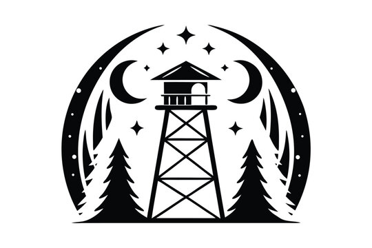 Black silhouette illustrates a fire lookout tower with trees under a starry, moonlit sky