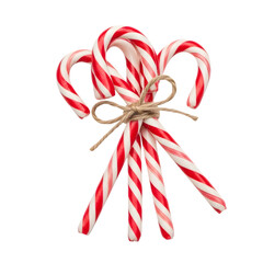A festive bunch of classic red and white striped candy canes tied with twine isolated on transparent background
