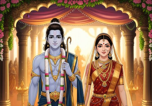 Lord Rama and Goddess Sita. Semi-Realistic Divine Wedding Portrait. - Powered by Adobe