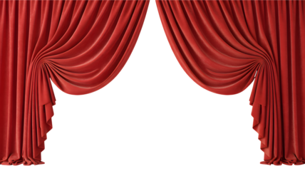 Red curtains are open on a black background, transparent png, isolated on black.