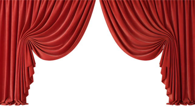 Red curtains are open on a black background, transparent png, isolated on black.