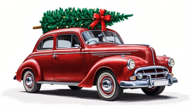 Classic red car with festive Christmas tree tied to its roof during winter holiday season