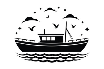 Black silhouette showcases a boat sailing under the night sky with birds flying