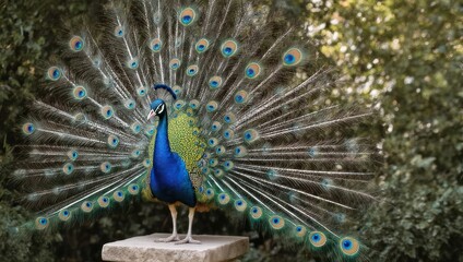 Obraz premium Majestic Peacock Displaying Vibrant Tail Feathers in Natural Habitat.