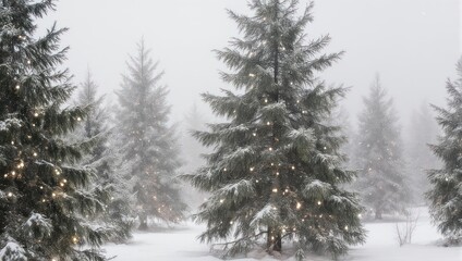 Fototapeta premium Snowy Forest with Christmas Lights on Trees.